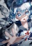  1girl absurdres bangs blue_bow blue_dress blue_eyes blue_hair blue_sailor_collar blurry bow cirno depth_of_field dissolving dress eyebrows_visible_through_hair hair_bow hair_over_eyes highres ice ice_wings light_particles looking_at_viewer melting neck_ribbon open_mouth reaching_out red_ribbon ribbon sailor_collar short_hair solo touhou translucent_hair white_sleeves wings yukia_(yukia_777) 