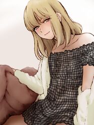  1boy bangs blanket blonde_hair blunt_bangs buttons cardigan crossdressing dress gingham head_tilt looking_at_viewer male_focus medium_hair naughty_face off-shoulder_dress off_shoulder original otoko_no_ko pov seira_(yuki_touko) yuki_touko 