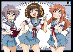  3girls :q absurdres ahoge armband asahina_mikuru black_border blue_sailor_collar blue_skirt blush book border bow bowtie breasts bright_pupils brown_eyes brown_hair closed_mouth collarbone commentary contrapposto cowboy_shot cowlick english_commentary glasses grey_background hair_bow hairband hand_on_own_cheek hand_on_own_face hand_on_own_hip hand_up highres holding holding_book index_finger_raised kita_high_school_uniform light_frown long_hair looking_at_viewer looking_to_the_side medium_breasts medium_hair motion_lines multiple_girls nagato_yuki open_book open_mouth orange_bow orange_hair orange_hairband outside_border pleated_skirt purple_hair red_armband red_bow red_bowtie safety_pin sailor_collar school_uniform semi-rimless_eyewear shirt shirt_tucked_in short_sleeves sidelocks simple_background skirt small_breasts smile split_mouth standing straight_hair suzumiya_haruhi suzumiya_haruhi_no_yuuutsu t-works tongue tongue_out twitter_logo twitter_username twitter_x_logo two-tone_background white-framed_eyewear white_background white_pupils white_shirt 