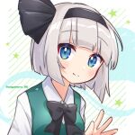  1girl bangs black_bow black_bowtie black_hairband black_ribbon blue_eyes blunt_bangs bow bowtie commentary_request eyebrows_visible_through_hair green_vest grey_hair hair_ribbon hairband hand_up highres konpaku_youmu konpaku_youmu_(ghost) looking_at_viewer one-hour_drawing_challenge ribbon shirt short_hair smile solo star_(symbol) striped striped_background suguharu86 touhou twitter_username upper_body vest white_background white_shirt 