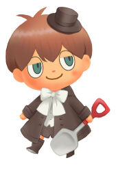  1boy animal_crossing_(style) antenna_hair black_boots black_coat black_hat black_shorts boots bow brown_hair chibi coat full_body green_eyes half-closed_eyes hat head_tilt holding holding_shovel kinoshita_sakura knee_boots loki_(matantei_loki_ragnarok) male_focus matantei_loki_ragnarok mini_hat no_fingers short_hair shorts shovel smile solo standing top_hat white_background white_bow 
