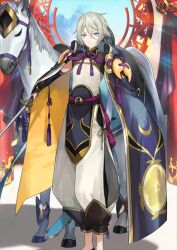  1boy animal arm_at_side bishounen black_shoes blue_eyes bridal_gauntlets bridle chinese_clothes chinese_knot closed_mouth clothing_cutout expressionless fate/grand_order fate_(series) feet_out_of_frame game_cg hair_between_eyes holding holding_sword holding_weapon horse hou_(ppo) long_hair_between_eyes looking_at_viewer magatama male_focus mandarin_collar no_socks official_art outstretched_arm pankou pants prince_of_lan_ling_(fate) puffy_pants rope shirt shoes short_hair side_slit sidelocks sleeveless solo sparkle sword tassel third-party_source variant_set weapon white_hair 
