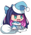  1girl :d bangs black_hair blue_coat blue_headwear blunt_bangs blush_stickers capelet chibi christmas coat colored_inner_hair commentary fur-trimmed_capelet fur_trim green_eyes hat holding holding_sack long_hair long_sleeves lowres meme multicolored_hair open_mouth padoru_(meme) panty_&amp;_stocking_with_garterbelt pink_hair sack santa_hat simple_background smile solo standing stocking_(psg) tifa-amakura twitter_username white_background 