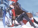  2girls all_fours amber_(genshin_impact) aqua_hair ass barrel between_legs blush brown_hair closed_mouth czasjb eula_(genshin_impact) forehead-to-forehead genshin_impact hand_on_another&#039;s_head hat heads_together highres multiple_girls outdoors santa_hat signature sky snow snow_on_body snow_on_head snowman twitter_username winter yuri 