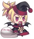  1girl :d black_capelet black_coat black_headwear blonde_hair blush_stickers capelet christmas coat commentary disgaea fur-trimmed_capelet fur_trim hat holding holding_sack long_hair long_sleeves lowres meme open_mouth padoru_(meme) red_eyes rozalin sack santa_hat simple_background smile solo standing tied_hair tifa-amakura tongue twitter_username white_background 