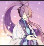  1boy :d akiyoshi_(tama-pete) anniversary blue_eyes hair_ornament hair_over_one_eye hand_up japanese_clothes kamui_gakupo long_hair male_focus ponytail purple_hair smile solo vocaloid 