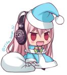  1girl :d bangs blue_capelet blue_coat blue_headwear blush_stickers capelet christmas coat commentary fur-trimmed_capelet fur_trim hat headphones holding holding_sack long_hair long_sleeves lowres meme nitroplus open_mouth padoru_(meme) pink_hair sack santa_hat simple_background smile solo standing super_sonico tifa-amakura twitter_username white_background 