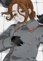  1girl black_gloves black_hat buttons crying double-breasted fur_hat gloves hair_bun hat highres lying military_uniform nanimonothing on_back orange_hair original pale_skin russia russia_(nanimonothing) solo unworn_hat unworn_headwear 