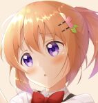  1girl bangs blush bow bowtie brown_hair chestnut_mouth collared_shirt eyebrows_visible_through_hair flower gochuumon_wa_usagi_desu_ka? hair_between_eyes hair_flower hair_ornament head_tilt highres hoto_cocoa mika_miche pink_flower ponytail portrait rabbit_house_uniform red_bow red_bowtie shiny shiny_hair shirt solo violet_eyes white_shirt wing_collar 