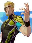  1boy animal_print bangs blonde_hair blue_eyes blue_sky clouds covered_abs eyepatch facial_hair goatee grin highres male_focus oni_gini pectorals ramon_(kof) short_hair short_sleeves sideburns sky smile solo spiky_hair the_king_of_fighters tiger_print upper_body wristband 