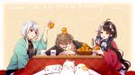  1boy 2girls arm_up basket black_hair brown_hair crescent crescent_hair_ornament cup food fruit glasses grey_hair hair_ornament hairclip hakase_fuyuki highres hinagisa_yaya kagami_hayato kotatsu long_hair long_sleeves multicolored_hair multiple_girls nijisanji open_mouth orange_(fruit) short_hair sparkle star_(symbol) star_hair_ornament table twintails two-tone_hair virtual_youtuber white_hair yellow_background yorumi_rena 