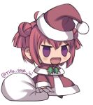  1girl :d akaza_akari bangs capelet christmas coat commentary fur-trimmed_capelet fur_trim hat holding holding_sack long_sleeves lowres medium_hair meme open_mouth padoru_(meme) pink_hair red_capelet red_coat red_headwear sack santa_hat simple_background smile solo standing tifa-amakura twitter_username violet_eyes white_background yuru_yuri 