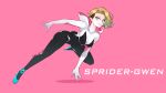 1girl artist_name black_bodysuit blonde_hair blue_eyes bodysuit character_name closed_mouth dated highres hooded_bodysuit looking_at_viewer marvel midair multicolored_bodysuit multicolored_clothes pink_background pose short_hair simple_background smile solo spider-gwen spider-man:_into_the_spider-verse spider-man_(series) spider_web_print superhero unapril undercut white_bodysuit 
