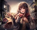  1girl absurdres bangs blush brown_hair coat hair_ornament hairclip highres long_hair long_sleeves looking_at_viewer open_mouth original outdoors red_scarf scarf school_uniform smile snow solo starlime uniform winter 