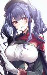  1girl azur_lane bangs blush breasts commentary_request eyebrows_visible_through_hair gloves hat highres irohatomo large_breasts long_hair looking_at_viewer pola_(azur_lane) purple_hair red_eyes simple_background smile solo twintails 