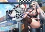  1girl absurdres animal_ears arknights bare_shoulders between_breasts black_gloves black_legwear blue_sky breasts cat_ears checkered checkered_flag commentary confetti crop_top dated_commentary flag gloves grey_eyes highres large_breasts long_hair looking_at_viewer midriff off_shoulder outdoors rhodes_island_logo schwarz_(arknights) silver_hair sky solo thick_thighs thigh-highs thighs very_long_hair visor_cap yujieai 