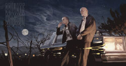  2boys bald black_jacket breaking_bad brown_jacket car chanasykine cigarette commission holding holding_cigarette jacket jesse_pinkman leaning_against_vehicle leaning_back leather leather_jacket male_focus mike_ehrmantraut moon motor_vehicle multiple_boys night old old_man own_hands_together radio shirt smoke tree watermark white_shirt 
