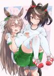  2girls absurdres animal_ears bangs black_hair breasts brown_hair carrying closed_eyes commentary_request crying eyebrows_visible_through_hair green_shorts grey_shorts gym_shirt gym_uniform hair_between_eyes hair_ornament highres horse_ears horse_girl horse_tail kitasan_black_(umamusume) kntrs_(knyrs) large_breasts long_hair medium_hair multicolored_hair multiple_girls one_eye_closed open_mouth parted_lips princess_carry satono_diamond_(umamusume) shirt short_sleeves shorts streaked_hair tail thigh-highs tree umamusume very_long_hair white_hair white_legwear 