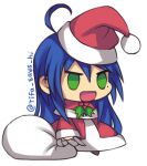  1girl :d ahoge bangs blue_hair capelet christmas coat commentary fur-trimmed_capelet fur_trim green_eyes hat holding holding_sack izumi_konata long_hair long_sleeves lowres lucky_star meme mole mole_under_eye open_mouth padoru_(meme) red_capelet red_coat red_headwear sack santa_hat simple_background smile solo standing tifa-amakura twitter_username white_background 