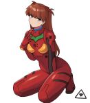  1girl arm_between_legs artist_logo bangs blue_eyes bodysuit breasts closed_mouth commentary donburi_(donburikazoku) full_body hair_ornament hand_up kneeling long_hair looking_at_viewer neon_genesis_evangelion plugsuit pout red_bodysuit redhead simple_background small_breasts solo souryuu_asuka_langley swept_bangs tsurime very_long_hair white_background 