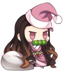  1girl :d bit_gag brown_hair brown_jacket capelet chibi christmas commentary fur-trimmed_capelet fur_trim gag gradient_hair hat holding holding_sack jacket japanese_clothes kamado_nezuko kimetsu_no_yaiba kimono long_hair long_sleeves lowres meme multicolored_hair open_mouth padoru_(meme) pink_eyes pink_headwear pink_kimono sack santa_hat sash simple_background smile solo standing tifa-amakura twitter_username white_background 