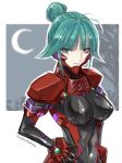  artist_name bare_tree breasts covered_navel covered_nipples crescent_moon fortified_suit green_eyes green_hair hair_bun hand_on_hip highres jun_(rellik_&amp;_redrum) looking_at_viewer medium_breasts moon muvluv muvluv_alternative pilot_suit skin_tight smile tree tsukuyomi_mana 