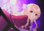  1girl bangs blonde_hair blurry blurry_foreground blush capelet closed_mouth copyright_request depth_of_field eyebrows_visible_through_hair floating_hair frilled_capelet frills highres kitasaya_ai long_hair long_sleeves looking_at_viewer red_capelet sleeves_past_wrists smile solo very_long_hair violet_eyes virtual_youtuber 