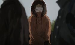  3boys animification black_gloves blonde_hair blood blood_on_face blue_eyes cold commentary_request covered_mouth dried_blood fur-trimmed_hood fur_trim gloves grass grey_sky gum_sfr_03 highres hood hood_up kenny_mccormick looking_to_the_side male_focus multiple_boys outdoors parka short_hair sky solo_focus south_park upper_body 