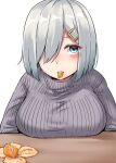  1girl absurdres blue_eyes breasts breasts_on_table eating food food_in_mouth fruit grey_sweater hair_ornament hair_over_one_eye hairclip hamakaze_(kancolle) highres kantai_collection kiritto large_breasts looking_at_viewer orange_(fruit) ribbed_sweater short_hair simple_background solo sweater white_background 