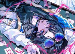  1girl absurdres aegyo_sal belt black_collar black_hair blue_eyes blue_gemstone card collar eyelashes eyeshadow gem highres indie_utaite jacket lips long_sleeves looking_at_viewer lying makeup medium_hair on_back parted_lips playing_card poker_chip poker_table red_eyeshadow ringed_eyes shirt solo sunglasses table two-sided_fabric unworn_eyewear urkt_10 utaite white_belt white_jacket 