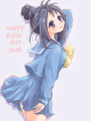  1girl arm_at_side arm_up black_hair blue_eyes blue_sailor_collar blue_serafuku blue_skirt blue_sleeve_cuffs bow dated hair_bun happy_birthday horizontal-striped_sleeve_cuffs katagiri_ayako kirameki_high_school_uniform long_sleeves medium_hair sailor_collar school_uniform serafuku skirt smile solo striped_sleeve_cuffs suzumimi tokimeki_memorial tokimeki_memorial_1 two-tone_sleeve_cuffs yellow_bow 