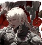  1boy absurdres bangs behelit berserk blue_eyes bodysuit closed_mouth colart606 commentary griffith_(berserk) highres lips long_hair looking_away male_focus solo thisuserisalive wavy_hair white_hair 