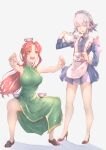  2girls alternate_eye_color apron balancing bangs blue_dress blue_eyes blush breasts brown_footwear china_dress chinese_clothes collarbone commentary_request covered_nipples cup dress frilled_apron frills gold_trim green_dress grey_background hair_ribbon high_heels highres hong_meiling izayoi_sakuya jnakamura1182 juliet_sleeves knees large_breasts loafers long_hair long_sleeves looking_at_another maid maid_apron maid_headdress multiple_girls open_mouth parted_bangs pouring puffy_sleeves red_eyes red_footwear redhead ribbon shirt shoes short_hair sidelocks silver_hair simple_background sleeveless sleeveless_dress smile squatting standing teacup teapot thighs touhou tress_ribbon twintails white_apron 