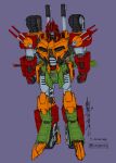  1boy 2021 alex_milne armor bludgeon clenched_hands decepticon evil full_body green_armor ground_vehicle helmet japanese_armor kabuto military military_vehicle motor_vehicle official_art orange_armor purple_background red_armor red_eyes red_headwear samurai science_fiction sheath sheathed signature tank tank_turret the_transformers_(idw) transformers weapon_behind_back 
