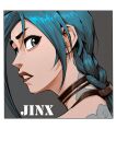  1girl absurdres arcane:_league_of_legends asymmetrical_bangs bangs black_eyes blue_hair brown_background brown_choker bu_ruo1996_(caricaturist) character_name choker cloud_tattoo face from_side green_hair highres jinx_(league_of_legends) league_of_legends long_hair looking_at_viewer neck_tattoo red_lips shiny shiny_hair shoulder_tattoo sideways_glance simple_background tattoo teeth white_background 