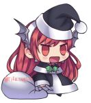  1girl :d black_capelet black_coat black_headwear capelet cherche_(fire_emblem) chibi christmas coat commentary fire_emblem fur-trimmed_capelet fur_trim hat holding holding_sack long_hair long_sleeves lowres meme open_mouth orange_eyes orange_hair padoru_(meme) sack santa_hat simple_background smile solo standing tifa-amakura twitter_username white_background 