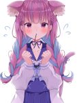  1girl absurdres animal_ear_fluff animal_ears bangs blue_bow blue_bowtie blue_choker blue_hair blue_ribbon blue_sailor_collar blue_skirt blush bow bowtie braid cat_ears cat_tail choker commentary_request extra_ears eyebrows_visible_through_hair flying_sweatdrops food food_in_mouth frilled_sailor_collar frills high-waist_skirt highres hololive jacket long_sleeves looking_at_viewer minato_aqua mouth_hold multicolored_hair mymerody4649 pink_hair pleated_skirt pocky ribbon ribbon_choker sailor_collar simple_background skirt solo tail tail_ornament tail_raised tail_ribbon twin_braids twintails two-tone_hair violet_eyes virtual_youtuber white_background white_jacket 