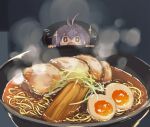  +_+ 1girl ahoge bangs bowl egg eyebrows_visible_through_hair flying_sweatdrops food fried_egg hat looking_at_viewer minigirl noodles open_mouth purple_hair ramen short_eyebrows short_hair solo soup sukuna_shinmyoumaru touhou uisu_(noguchipint) 