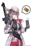  1girl :o absurdres aqua_eyes ar-57 ar-57_(girls&#039;_frontline) assault_rifle bangs black_gloves black_tank_top eye_piercing eyebrows_visible_through_hair feet_out_of_frame fingerless_gloves girls_frontline gloves grey_hair gun hair_between_eyes highres holding holding_gun holding_magazine_(weapon) holding_weapon jacket lithographica long_hair looking_down open_clothes open_jacket open_mouth ponytail red_shorts rifle shorts solo standing tank_top twitter_username weapon white_background white_headwear white_jacket 