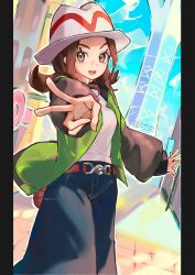  1girl absurdres asatte_3z bell-bottoms belt breasts brown_eyes brown_hair green_jacket harmony_(pokemon) hat highres jacket looking_at_viewer lumiose_city open_clothes open_jacket open_mouth pants pokemon pokemon_legends:_z-a shirt smile striped_hat v white_hat white_shirt 
