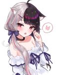  1girl animal_ear_fluff animal_ears bangs bare_shoulders blue_bow blush bow brown_collar brown_hair cat_ears collar commentary_request eyebrows_visible_through_hair fang hair_bow hair_ornament hairclip hand_up keichan_(user_afpk7473) long_hair long_sleeves looking_at_viewer nijisanji off-shoulder_shirt off_shoulder open_mouth red_eyes shirt silver_hair skin_fang solo speech_bubble split-color_hair twintails virtual_youtuber white_shirt yorumi_rena 