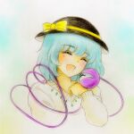  1girl :d alternate_costume aqua_hair bangs blush closed_eyes cropped_torso eyebrows_visible_through_hair hand_up happy hat heart heart_of_string highres komeiji_koishi medium_hair q-bee_(aaru) simple_background smile solo sweater third_eye touhou upper_body white_background 