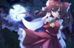  1girl ascot bangs bow brown_hair closed_mouth cowboy_shot detached_sleeves eyebrows_visible_through_hair frilled_skirt frills full_moon hair_between_eyes hair_bow hair_tubes hakurei_reimu highres long_hair looking_at_viewer moon night outdoors red_bow red_shirt red_skirt shirt skirt smile solo standing tangusuten touhou wide_sleeves yellow_neckwear 