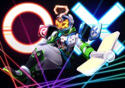  1boy ? absurdres beyondriver black_background book commentary compound_eyes crossed_legs finger_to_mouth highres holding holding_book kamen_rider kamen_rider_woz kamen_rider_woz_(futurering_quiz) kamen_rider_zi-o_(series) male_focus multicolored_armor orange_eyes otokamu quiz quiz_miridewatch 