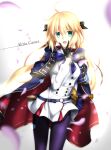  1girl absurdres ahoge artoria_pendragon_(caster)_(fate) artoria_pendragon_(fate) black_bow black_gloves blonde_hair blurry bokeh bow buttons cape character_name depth_of_field double-breasted fate/grand_order fate_(series) foo_(pixiv54892036) gloves green_eyes hair_between_eyes hair_bow highres long_hair pantyhose petals red_cape smile solo sword sword_behind_back twintails very_long_hair weapon white_background 