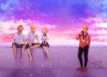  1boy bare_legs barefoot black_pants blonde_hair bob_cut bow bowtie brown_hair character_name chiroru collared_shirt dated dress_shirt english_text facing_viewer fujiyama_arashi gradient_sky habataki_academy_uniform hand_in_pocket happy_birthday highres holding holding_phone horizon jacket japanese_flag light_particles long_sleeves looking_to_the_side medal memory miniskirt niina_junpei ocean older orange_hair pants pants_rolled_up phone pleated_skirt protagonist_(tokimemo_gs3) red_bow red_bowtie red_footwear red_jacket school_uniform shirt shoes short_hair short_sleeves sitting skirt sky smile spiky_hair standing talking_on_phone tokimeki_memorial tokimeki_memorial_girl&#039;s_side_3rd_story white_shirt 