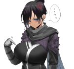 ... 1girl anger_vein angry animification apex_legends bangs black_bodysuit black_hair blue_eyes blush bodysuit breasts gloves hair_behind_ear hair_bun large_breasts long_sleeves looking_at_viewer pointing ricochet-gou solo speech_bubble upper_body white_background wraith_(apex_legends)