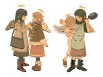  &gt;_&lt; 2girls :t =_= adjusting_another&#039;s_clothes adjusting_scarf angel_wings apron arm_at_side arms_up bag bangs beige_coat black_bag black_footwear black_hair black_legwear blunt_bangs boots brown_footwear brown_hair brown_jacket brown_scarf brown_skirt closed_eyes closed_mouth coat cross-laced_footwear dress facing_viewer feathered_wings from_side frying_pan full_body fur-trimmed_boots fur-trimmed_jacket fur-trimmed_sleeves fur_trim furrowed_brow haibane_renmei halo hand_up holding holding_frying_pan jacket leg_up legs_together long_dress long_skirt looking_at_another looking_to_the_side multiple_girls muted_color no_lineart no_nose outstretched_arm pantyhose parted_lips pocket pom_pom_(clothes) profile rakka_(haibane) red_sailor_collar reki_(haibane) sailor_collar sailor_dress sandals scarf shoelaces short_hair short_sleeves shoulder_bag sidelocks simple_background skirt standing straight_hair sweat v-shaped_eyebrows wavy_mouth white_background white_dress wildcatfourteen wings winter_clothes 