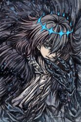  1boy arthropod_boy arthropod_limbs blue_eyes cape crown diamond_hairband dominic_ian_cabatit fate/grand_order fate_(series) fur-trimmed_cape fur_trim grey_hair hair_over_one_eye highres looking_at_viewer male_focus medium_hair oberon_(fate) oberon_(third_ascension)_(fate) open_mouth shirt smile solo upper_body white_shirt wings 