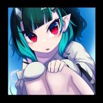  1girl bangs black_border black_hair blue_hair blunt_bangs blush border commentary_request demon_horns eyebrows_visible_through_hair fang feet_out_of_frame grey_sweater hands_on_own_knees highres horns looking_at_viewer medium_hair multicolored_hair nirato_shungiku off-shoulder_sweater off_shoulder official_alternate_costume open_mouth pointy_ears red_eyes shishio_chris sleeves_past_fingers sleeves_past_wrists solo squatting sugar_lyric sweater two-tone_hair virtual_youtuber 